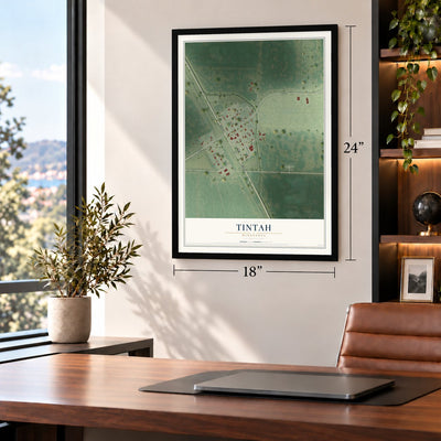 Tintah, Minnesota map, 18 x 24 inch print in a black frame in a home office