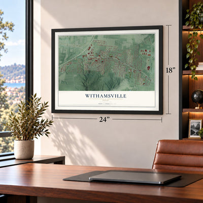 Withamsville, Ohio map, 18 x 24 inch print in a black frame in a home office
