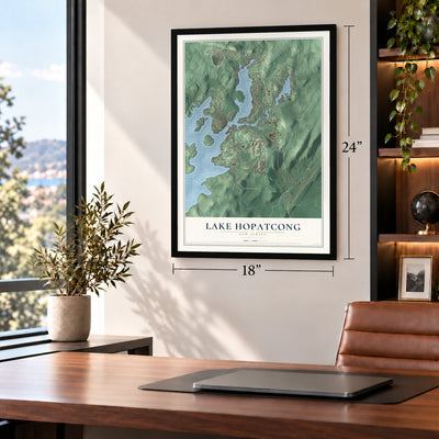 Lake Hopatcong, New Jersey map, 18 x 24 inch print in a black frame in a home office
