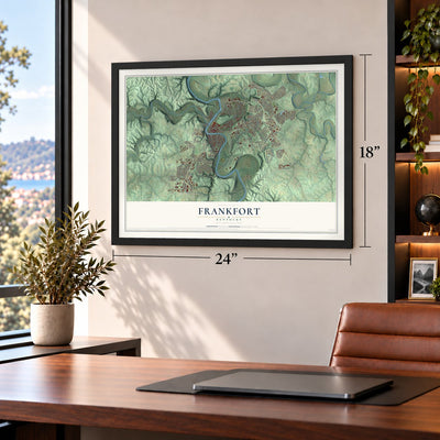 Frankfort, Kentucky map, 18 x 24 inch print in a black frame in a home office