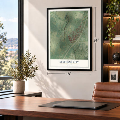 Stephens City, Virginia map, 18 x 24 inch print in a black frame in a home office