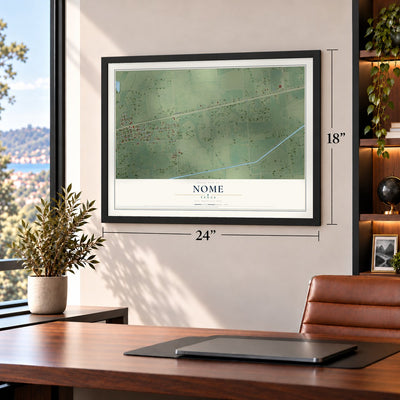 Nome, Texas map, 18 x 24 inch print in a black frame in a home office