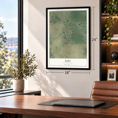 Kief, North Dakota map, 18 x 24 inch print in a black frame in a home office