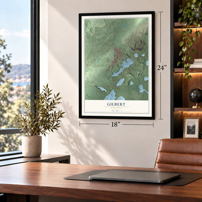 Gilbert, Minnesota map, 18 x 24 inch print in a black frame in a home office