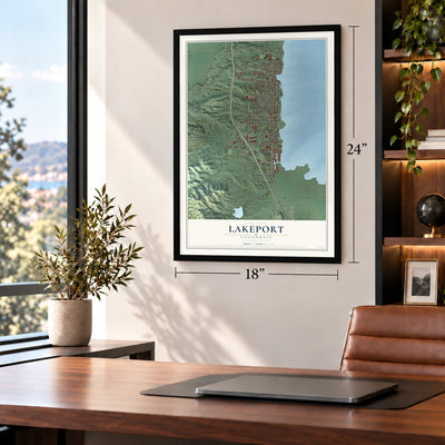 Lakeport, California map, 18 x 24 inch print in a black frame in a home office