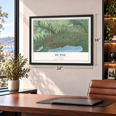 De Pue, Illinois map, 18 x 24 inch print in a black frame in a home office