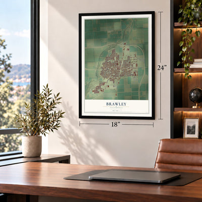 Brawley, California map, 18 x 24 inch print in a black frame in a home office