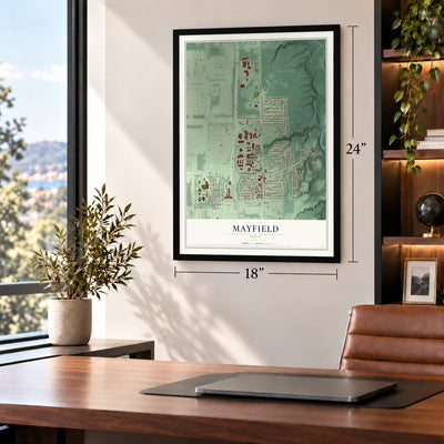 Mayfield, Ohio map, 18 x 24 inch print in a black frame in a home office