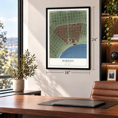 Marigny, Louisiana map, 18 x 24 inch print in a black frame in a home office