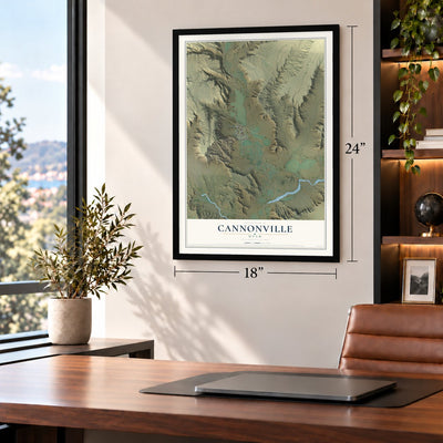 Cannonville, Utah map, 18 x 24 inch print in a black frame in a home office