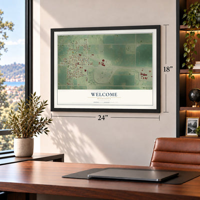 Welcome, Minnesota map, 18 x 24 inch print in a black frame in a home office