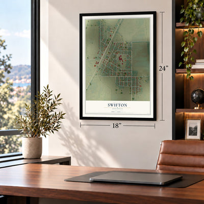 Swifton, Arkansas map, 18 x 24 inch print in a black frame in a home office