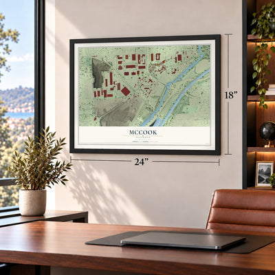 McCook, Illinois map, 18 x 24 inch print in a black frame in a home office