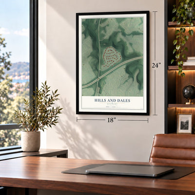Hills and Dales, Kentucky map, 18 x 24 inch print in a black frame in a home office