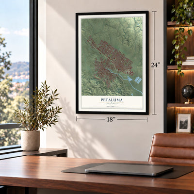Petaluma, California map, 18 x 24 inch print in a black frame in a home office