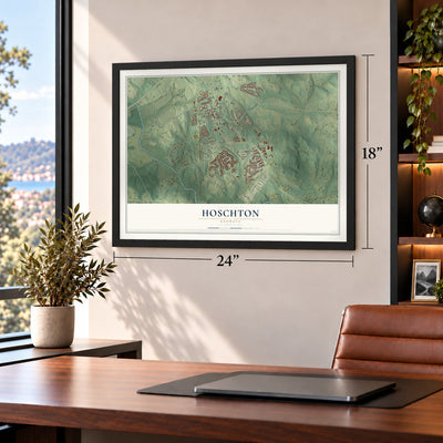 Hoschton, Georgia map, 18 x 24 inch print in a black frame in a home office