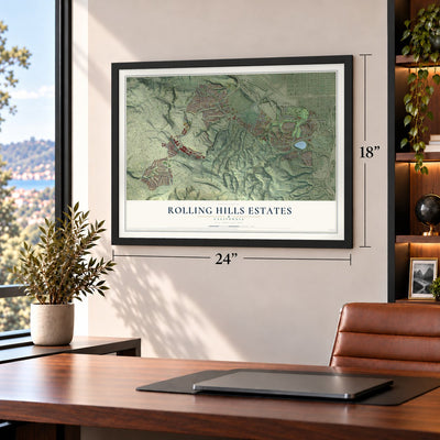 Rolling Hills Estates, California map, 18 x 24 inch print in a black frame in a home office