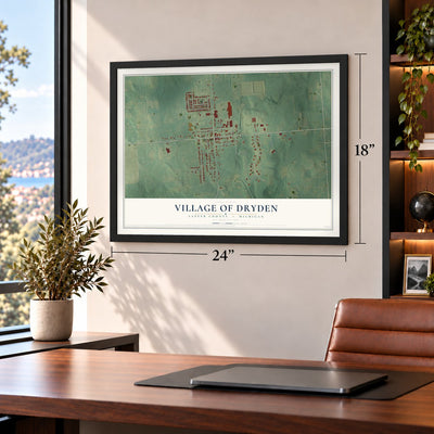 Dryden, Michigan map, 18 x 24 inch print in a black frame in a home office