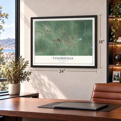 Taylorsville, Mississippi map, 18 x 24 inch print in a black frame in a home office