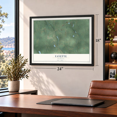 Fayette, Michigan map, 18 x 24 inch print in a black frame in a home office
