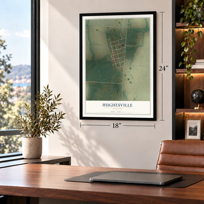 Hughesville, Missouri map, 18 x 24 inch print in a black frame in a home office