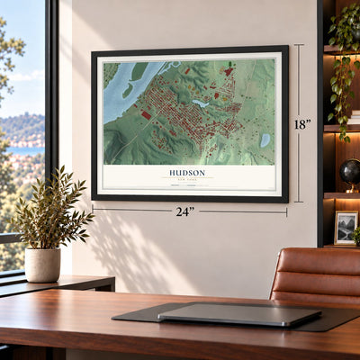 Hudson, New York map, 18 x 24 inch print in a black frame in a home office