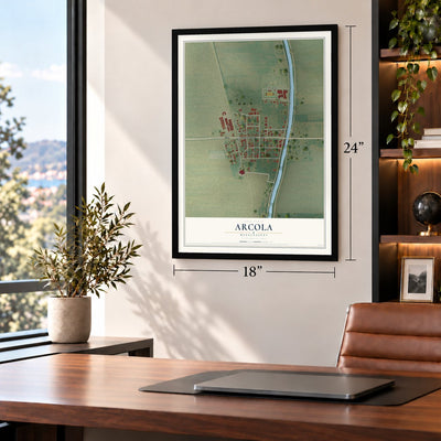 Arcola, Mississippi map, 18 x 24 inch print in a black frame in a home office