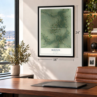 Burton, Nebraska map, 18 x 24 inch print in a black frame in a home office