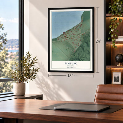 Samburg, Tennessee map, 18 x 24 inch print in a black frame in a home office