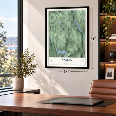 Warren, Connecticut map, 18 x 24 inch print in a black frame in a home office