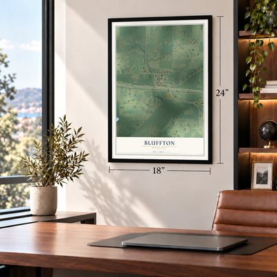 Bluffton, Minnesota map, 18 x 24 inch print in a black frame in a home office