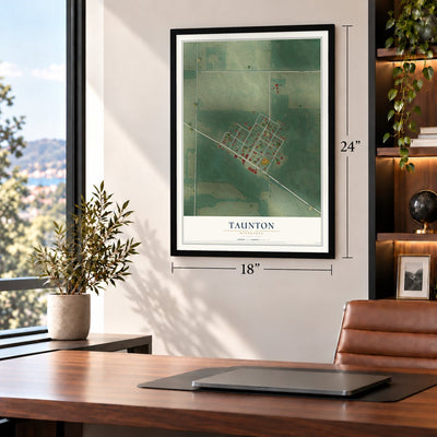 Taunton, Minnesota map, 18 x 24 inch print in a black frame in a home office