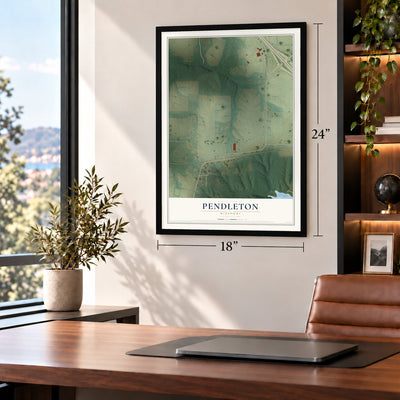 Pendleton, Missouri map, 18 x 24 inch print in a black frame in a home office
