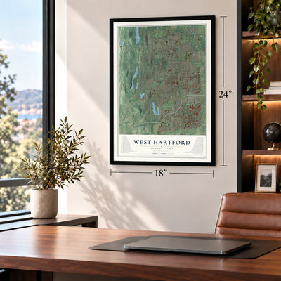 West Hartford, Connecticut map, 18 x 24 inch print in a black frame in a home office
