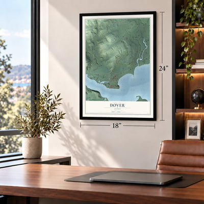 Dover, Idaho map, 18 x 24 inch print in a black frame in a home office