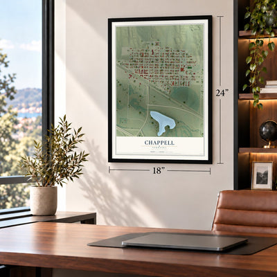 Chappell, Nebraska map, 18 x 24 inch print in a black frame in a home office