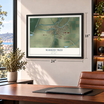 Marked Tree, Arkansas map, 18 x 24 inch print in a black frame in a home office