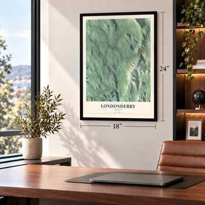 Londonderry, Vermont map, 18 x 24 inch print in a black frame in a home office