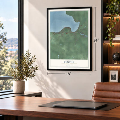 Denton, Michigan map, 18 x 24 inch print in a black frame in a home office