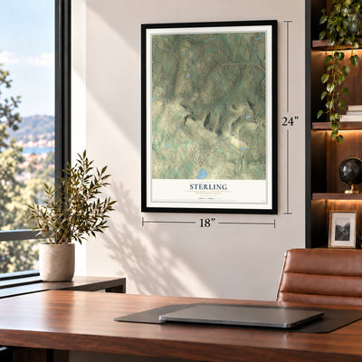 Sterling, Pennsylvania map, 18 x 24 inch print in a black frame in a home office