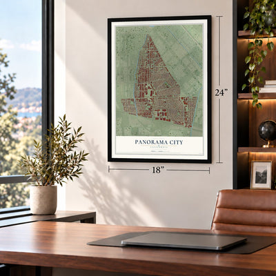 Panorama City, California map, 18 x 24 inch print in a black frame in a home office