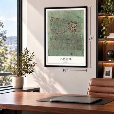Olivette, Missouri map, 18 x 24 inch print in a black frame in a home office