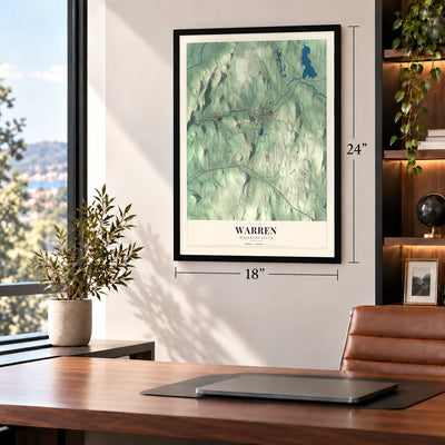 Warren, Massachusetts map, 18 x 24 inch print in a black frame in a home office