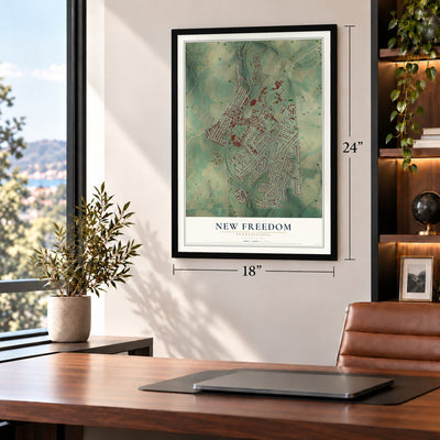 New Freedom, Pennsylvania map, 18 x 24 inch print in a black frame in a home office