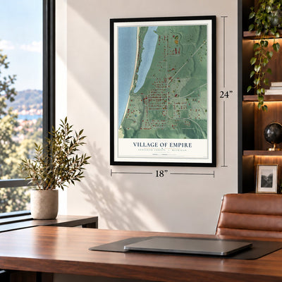 Empire, Michigan map, 18 x 24 inch print in a black frame in a home office