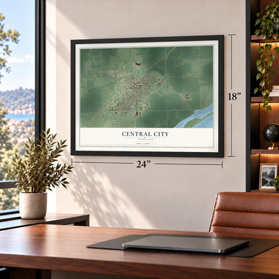Central City, Nebraska map, 18 x 24 inch print in a black frame in a home office