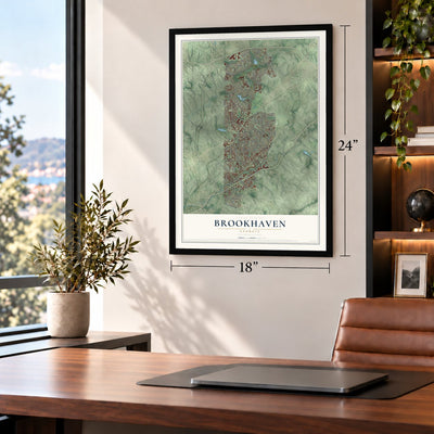 Brookhaven, Georgia map, 18 x 24 inch print in a black frame in a home office