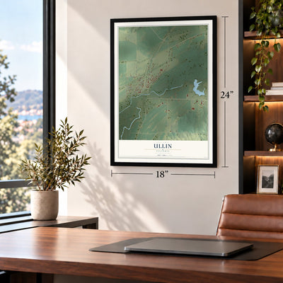 Ullin, Illinois map, 18 x 24 inch print in a black frame in a home office