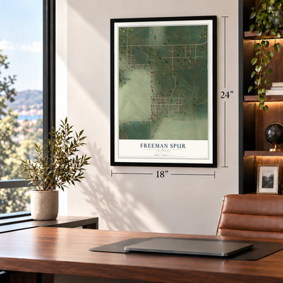 Freeman Spur, Illinois map, 18 x 24 inch print in a black frame in a home office
