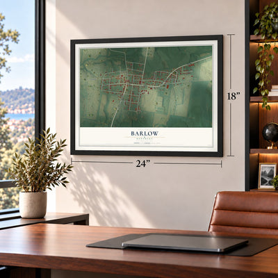 Barlow, Kentucky map, 18 x 24 inch print in a black frame in a home office